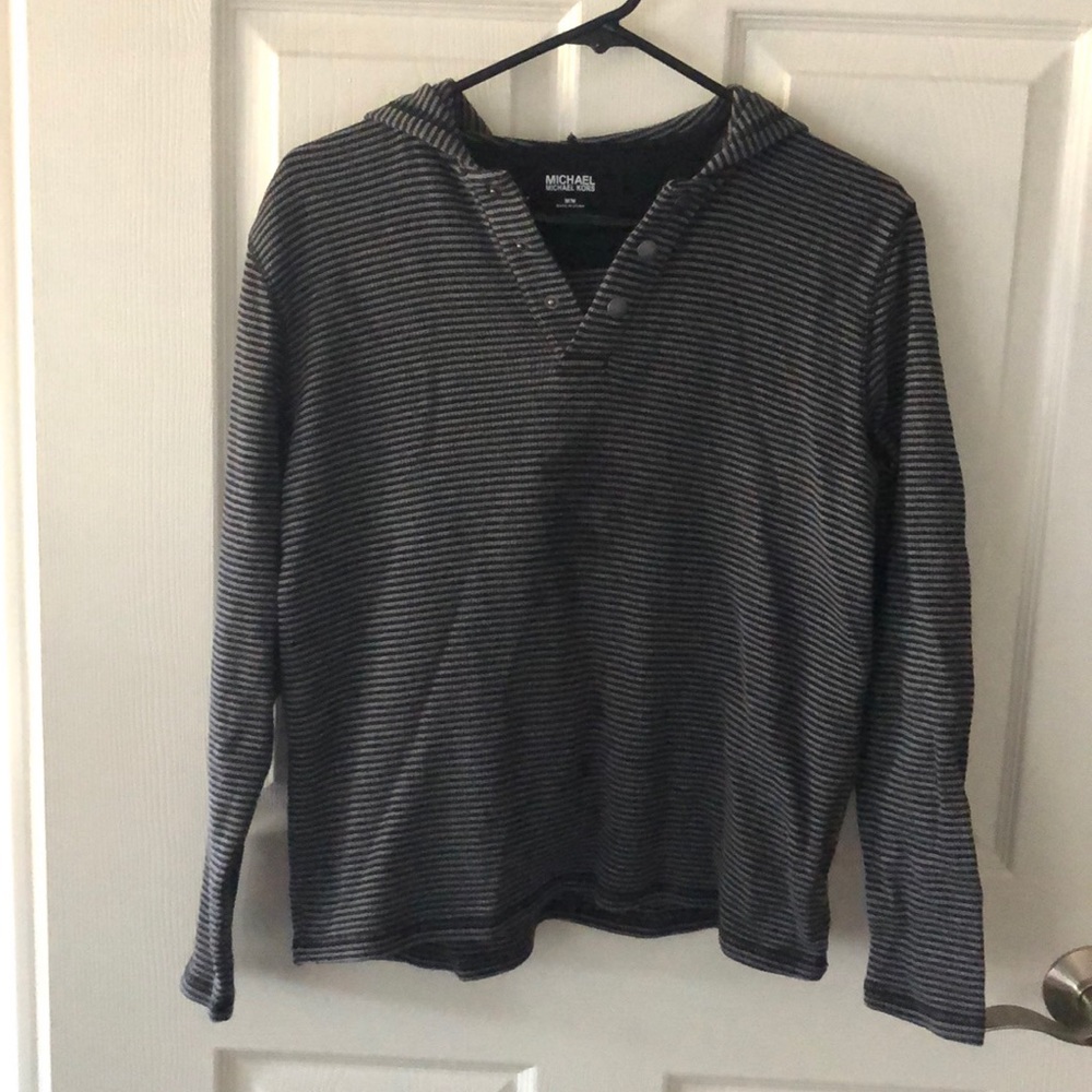 Michael Kors Black & Grey Striped Hooded Shirt